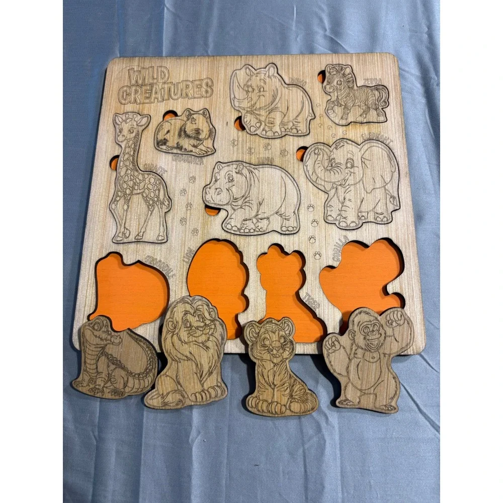 Wild Creatures Wooden Animal Chunky Puzzle Safari Montessori Toddler Toy Wood
